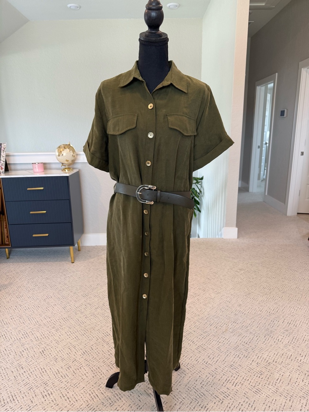 Zara Khaki/Olive Green Collared Button-Front Shirt Dress w/ Belt